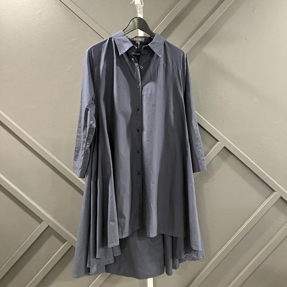 Gracia Blue High Low Shirt Dress Asymmetrical Button Front 3/4 Sleeve Size L